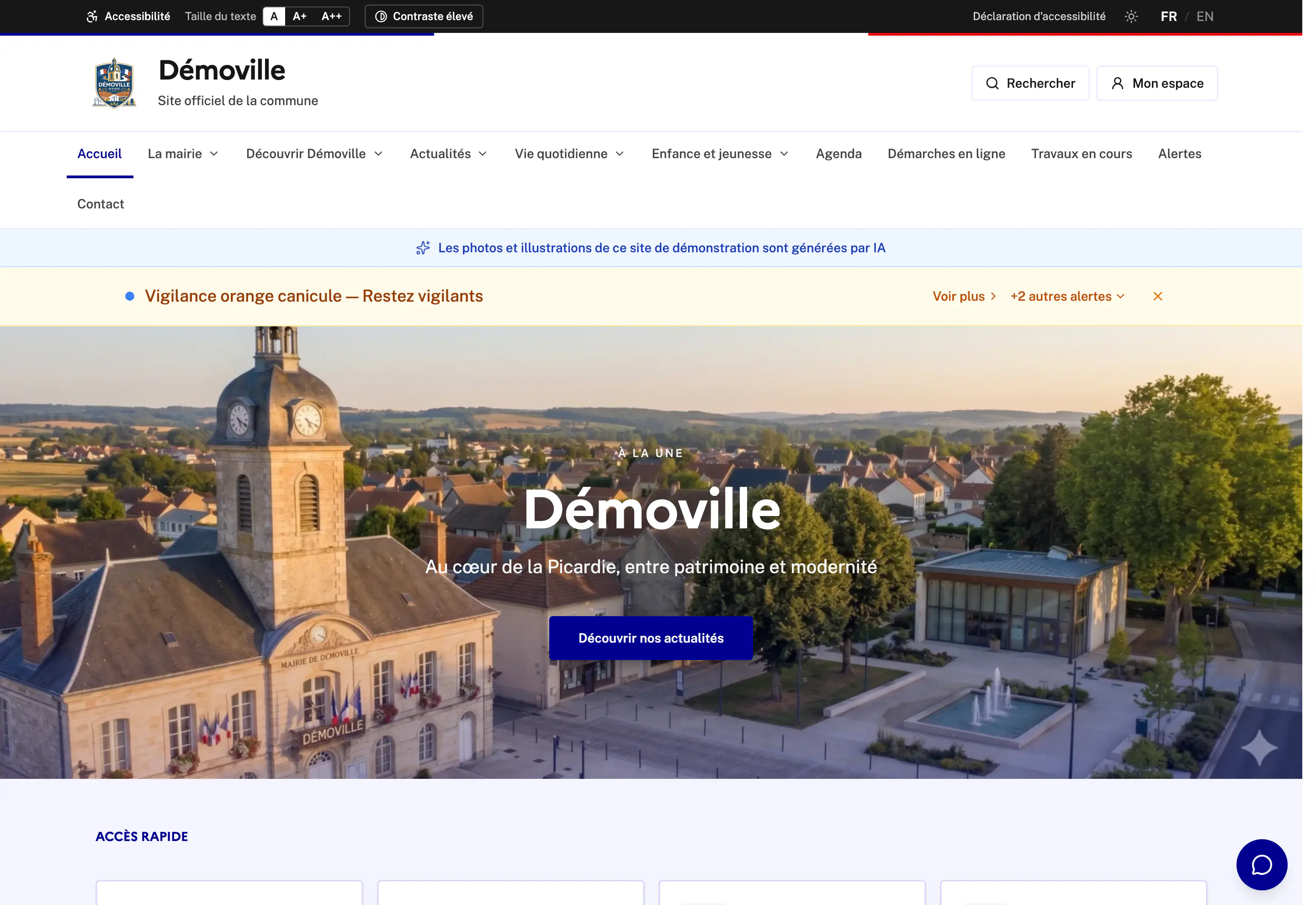 Aperçu de la page d’accueil d’une commune réalisée avec la plateforme
